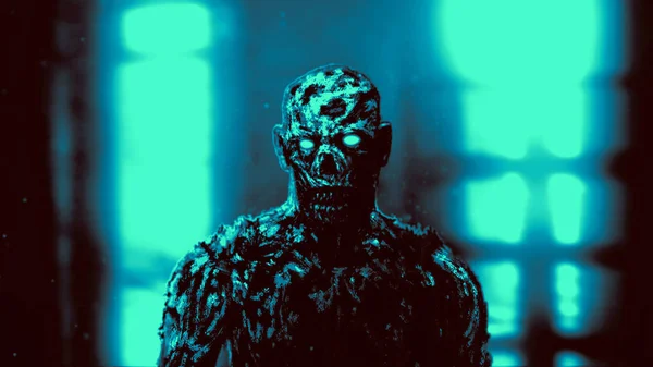 Grim Demonio Cara Apocalíptica Género Horror Color Fondo Azul —  Fotos de Stock