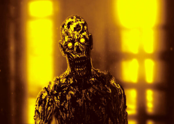 Grim zombie apocalyptic face. Genre of horror. Orange background color.