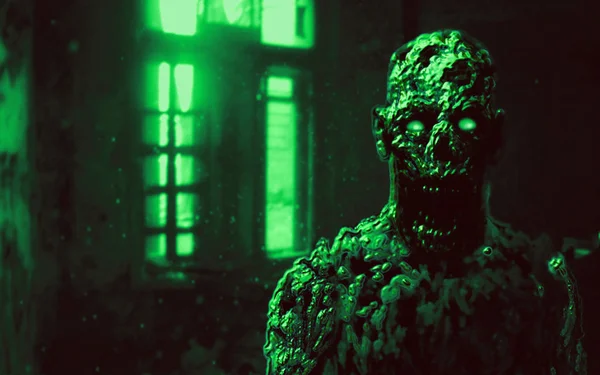 Ponura Zombie Apokaliptycznej Twarz Zielone Tło Kolor Gatunek Horror — Zdjęcie stockowe
