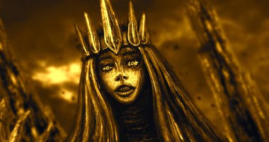 Karanlık kraliçe tacı olan. Turuncu arka plan. Fantezi illüstrasyon.