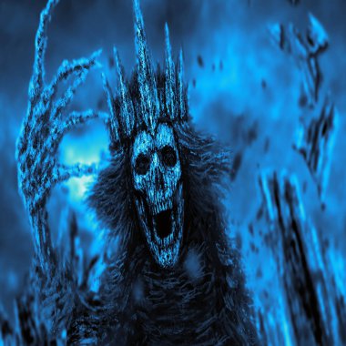 Karanlık kraliçe tacı olan kemikli el çeker. Mavi kapak. Fantezi illüstrasyon.