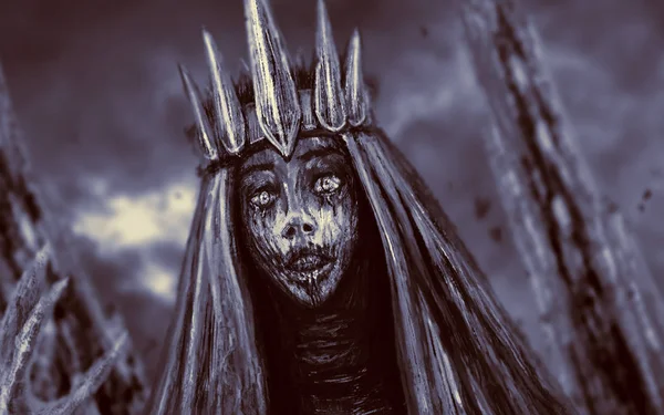 Mörka Drottningen Med Krona Drar Handen Fantasy Illustration — Stockfoto