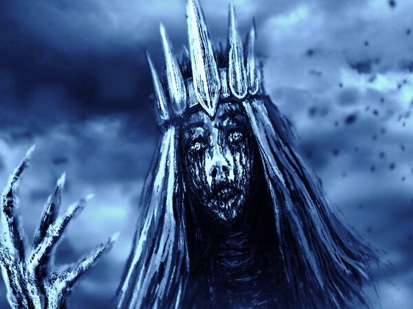 Dark queen with crown pulls bony hand. Fantasy illustration. Blue background color.