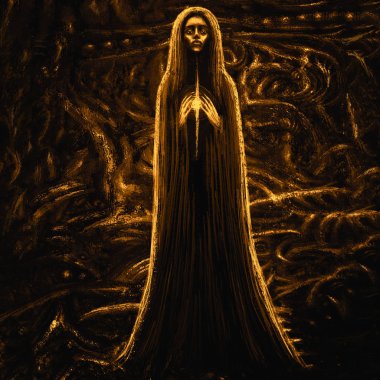 Işık saçan topu ile Tanrıça. Fantezi illüstrasyon tür. Turuncu arka plan.