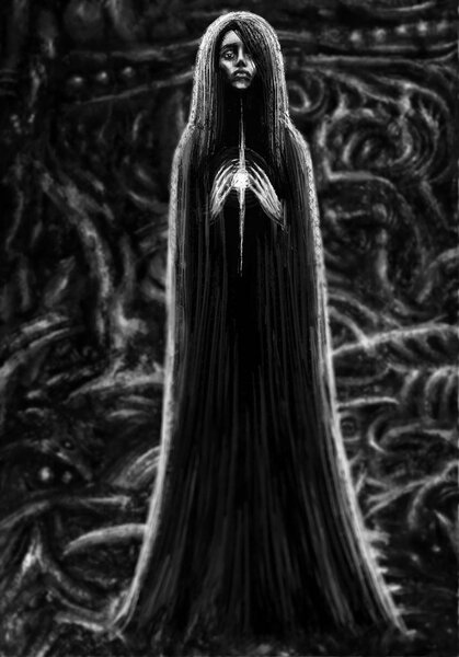 Колдунья со светящимся шаром. Персонаж в жанре фантазии. Чёрный белый фон
