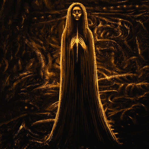 Богиня со светящимся шаром. Иллюстрация в жанре фантазии. Оранжевый фон
.