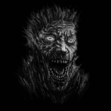 Kızgın zombi yüz kavramı. Tür bir çizimde korku. Siyah arka plan rengi.