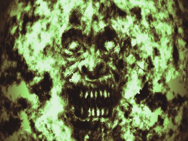 Kızgın yanan ghoul yüz illüstrasyon. Bir tür korku. Yeşil arka plan rengi.