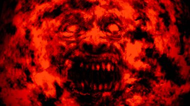 Kızgın kanlı gulyabani yüz. Kırmızı arka plan. Korku türünde çizimi.