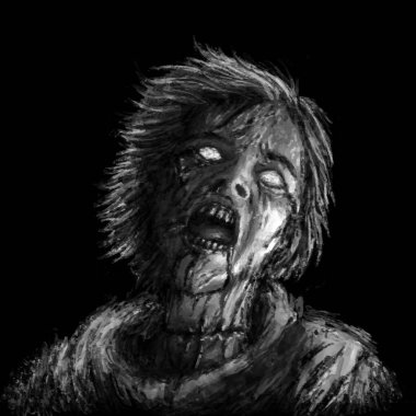 Zombi kadın illüstrasyon çığlık. Bir tür korku. Korkunç canavar asker karakter siyah arka plan üzerine.