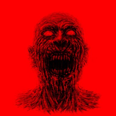 Kızgın zombi yüz kırmızı zemin üzerine. Korku tür çizimde. Canavar karakter çizim.