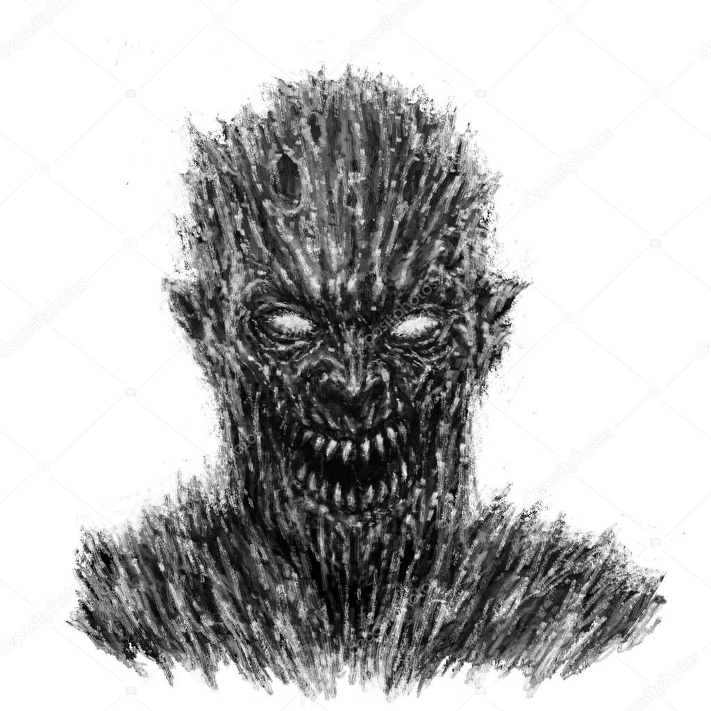 Angry zombie face on white background. Drawing monster character. Illustration in horror genre.