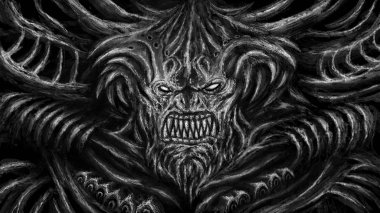 Huge monster with horns. Character in the genre of fantasy. Black and white color. clipart