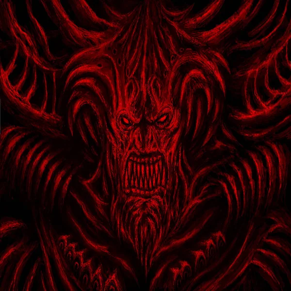 Ogromny Potwór Rogami Znak Gatunku Fantasy Czerwony Kolor Tła — Zdjęcie stockowe