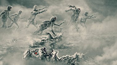 Savaş alanındaki zombi ordusu saldırı. Tür bir çizimde korku. Sis ile korkunç arka plan.