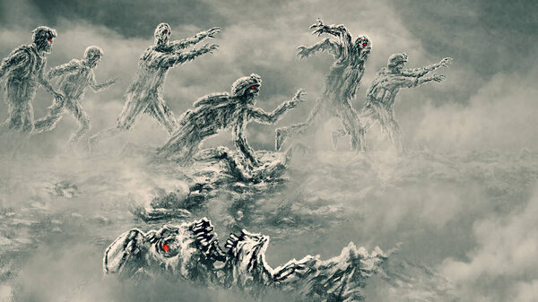 Attack zombie army on battlefield. Illustration in genre of horror. Scary background with fog.