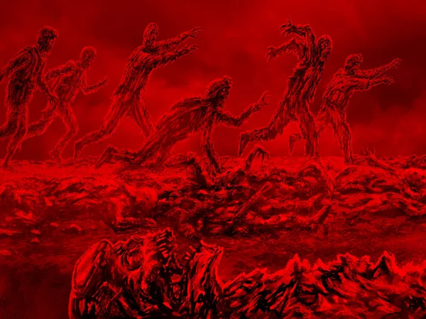 Атакувати Зомбі Армії Полі Бою Ілюстрація Жанрі Жахів Страшний Червоний — стокове фото