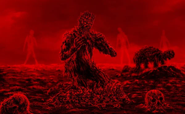 Děsivé Zombie Sedí Červeném Pozadí Ilustrace Žánru Hororu — Stock fotografie