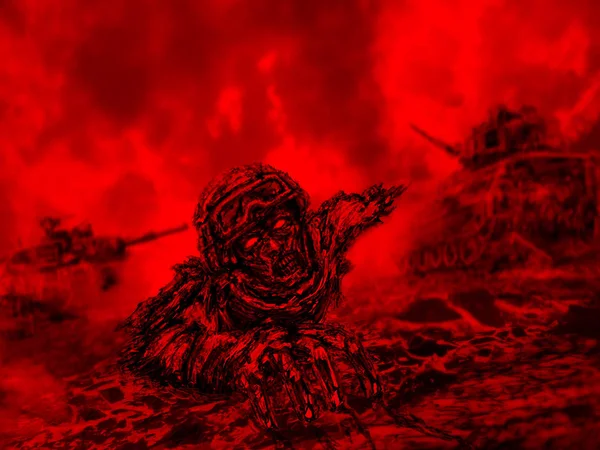 Halb Zombie Soldat Kriecht Auf Schlachtfeld Illustration Horror Genre Roter — Stockfoto