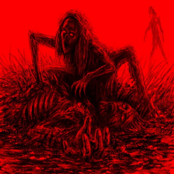 可怕的僵尸女人坐在红色的背景上吃饭 恐怖类型的插图 — 图库照片