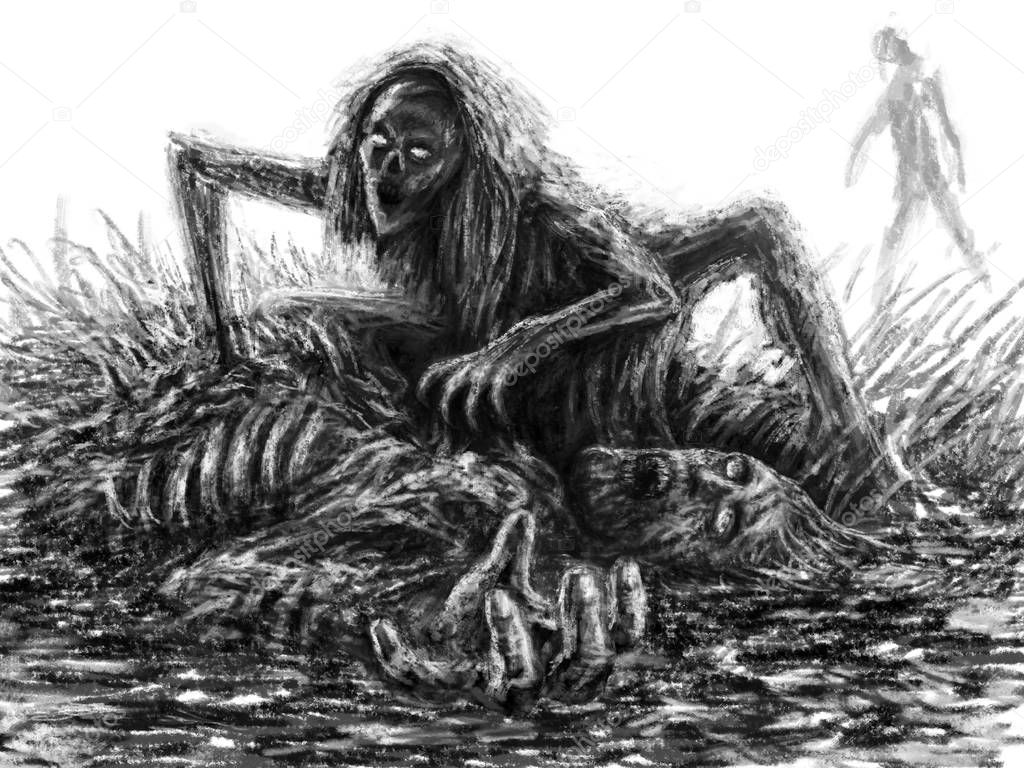 Scary zombie woman sits and eats on white background. Illustration in horror genre.