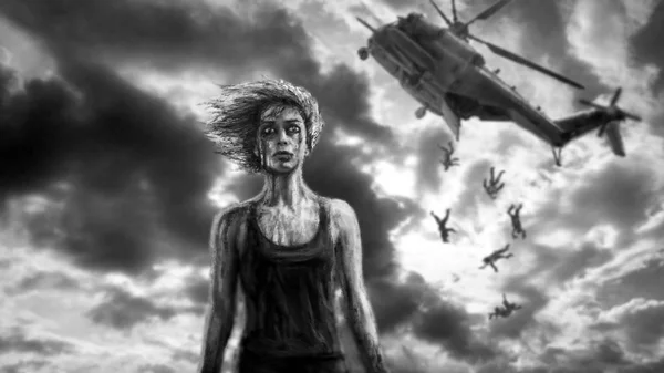Žena Voják Pádu Vrtulníku Pozadí Malovaný Obrázek Žánru Beletrie Černé — Stock fotografie
