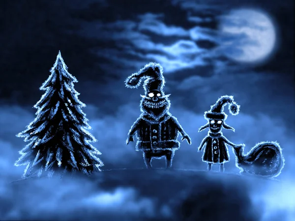 Korkunç Noel Baba ve onun torunu çantası hediye. Korku tür çizimde.