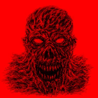 Kırmızı kızgın iblis kafatası illüstrasyon. Bir tür korku. Korkunç canavar yüz. Zihin Devletler.