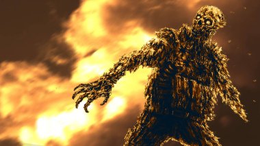 Zombi asker ve helikopter yangın arka plan üzerinde. Boyalı Illustration kurgu türünde. Turuncu arka plan rengi