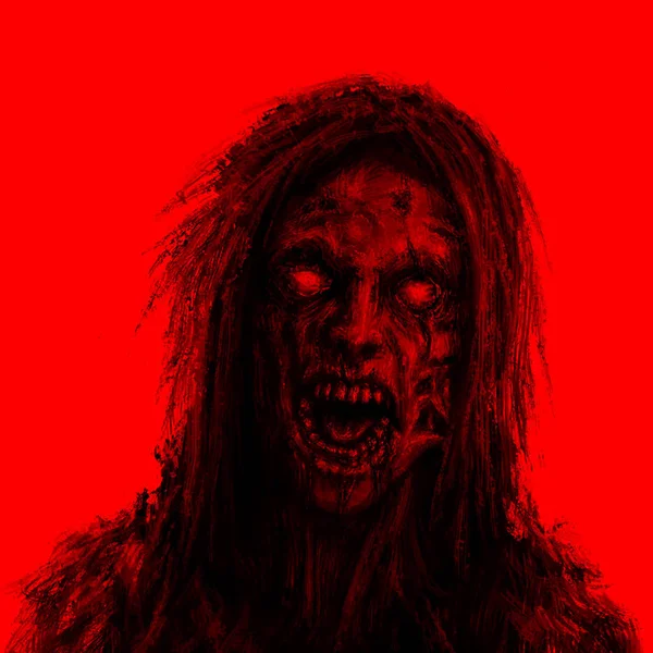 Espeluznante Cara Mujer Zombie Sobre Fondo Rojo Ilustración Género Terror — Foto de Stock