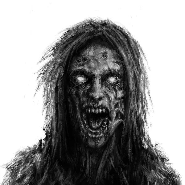 Страшна Зомбі Жінка Стикається Білому Тлі Ілюстрація Жанрі Жахів — стокове фото