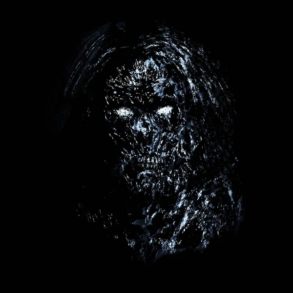 在黑色背景上的灰色蓝色僵尸女人的脸 恐怖类型的插图 — 图库照片