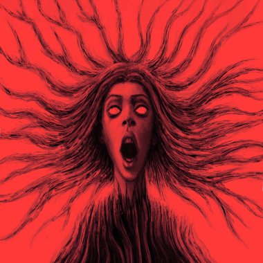 Tanrıça kaos akan ile saç önünde. Fantezi illüstrasyon. Kırmızı bir arka plan