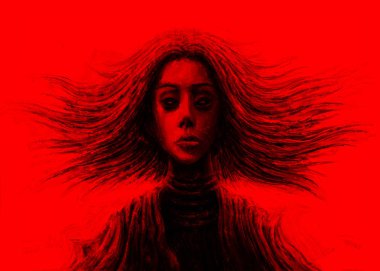 Akan ile sihirli kız saç önünde. Fantezi illüstrasyon. Kırmızı bir arka plan