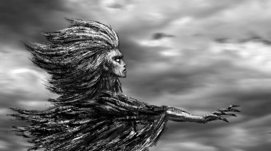 Fırtına bulutları zemin karşı bir uzanmış el ile Rüzgar tanrıçası duruyor. Fantezi illüstrasyon.