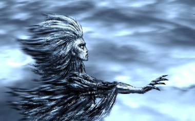 Fırtına bulutları zemin karşı bir uzanmış el ile Rüzgar tanrıçası duruyor. Fantezi illüstrasyon.