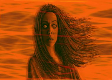 Karanlık şaman kadın. Fantezi illüstrasyon önünde. Turuncu arka plan