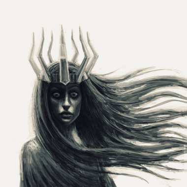 Karanlık kraliçe tacı olan. Fantezi illüstrasyon önünde.