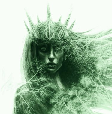 Orman kraliçe tacı ve akan saç. Fantezi illüstrasyon önünde.