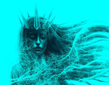 Orman kraliçe tacı ve akan saç. Fantezi illüstrasyon önünde. Mavi arka plan