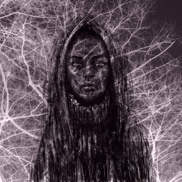 Black skinned shaman girl in the hood. Fantasy illustration.