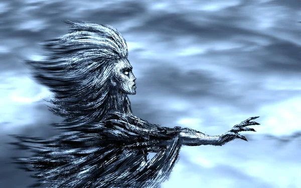 Fırtına bulutları zemin karşı bir uzanmış el ile Rüzgar tanrıçası duruyor. Fantezi illüstrasyon.