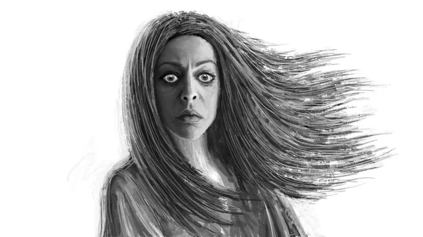 Dark Shaman Woman Flowing Hair Fantasy Illustration Front — Stock Photo, Image