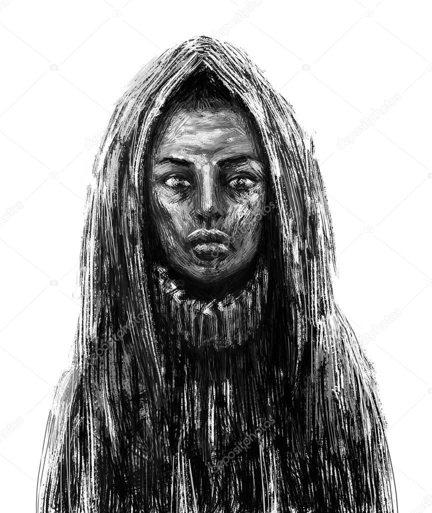 Black skinned shaman girl in the hood. Fantasy illustration. White background