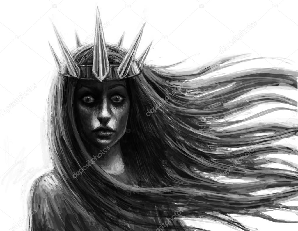 Dark queen with crown and flowing hair. Fantasy illustration.