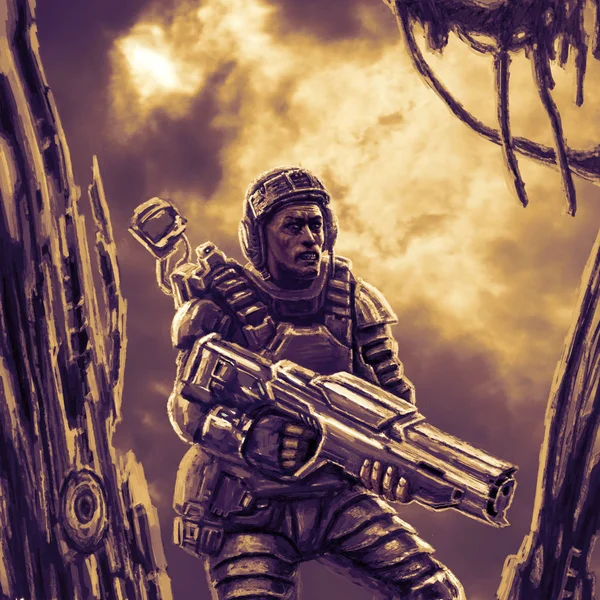 Uzay Polisi ağır silahlı uzay gemisi kalıntıları araştırma takım elbiseli. Bilim kurgu karakter asker.