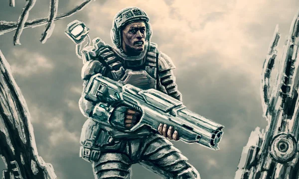 Utrymme Soldat Studera Vraket Starship Science Fiction Genren — Stockfoto