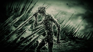Dead zombie on stakes waving his hand in the wind. Genre of horror. Green background. clipart