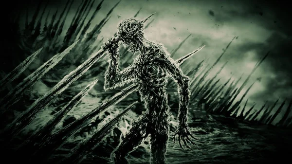 Ölü zombi elini rüzgarda sallayarak kazıklar üzerinde. Bir tür korku. Yeşil arka plan.