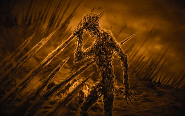 Ölü adamın elini rüzgarda sallayarak kazık üstünde. Bir tür korku. Turuncu arka plan rengi